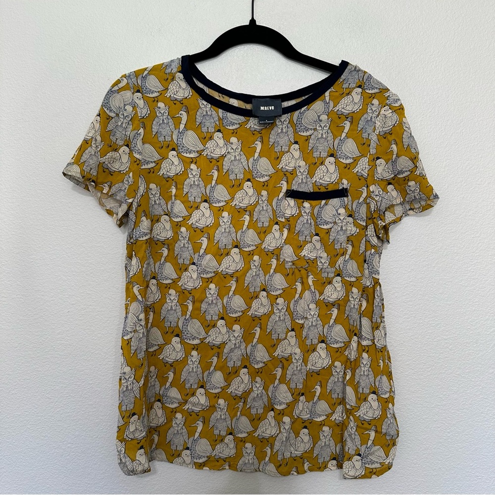 Anthropologie Mustard and Navy Bird Print Blouse